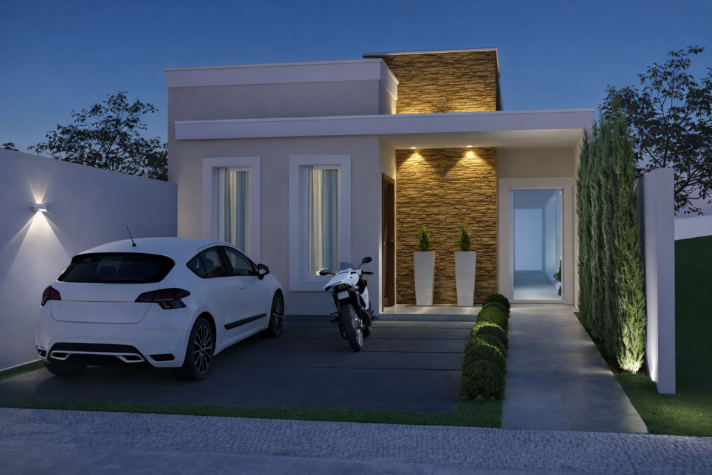 casa moderna ao anoitecer com automóvel