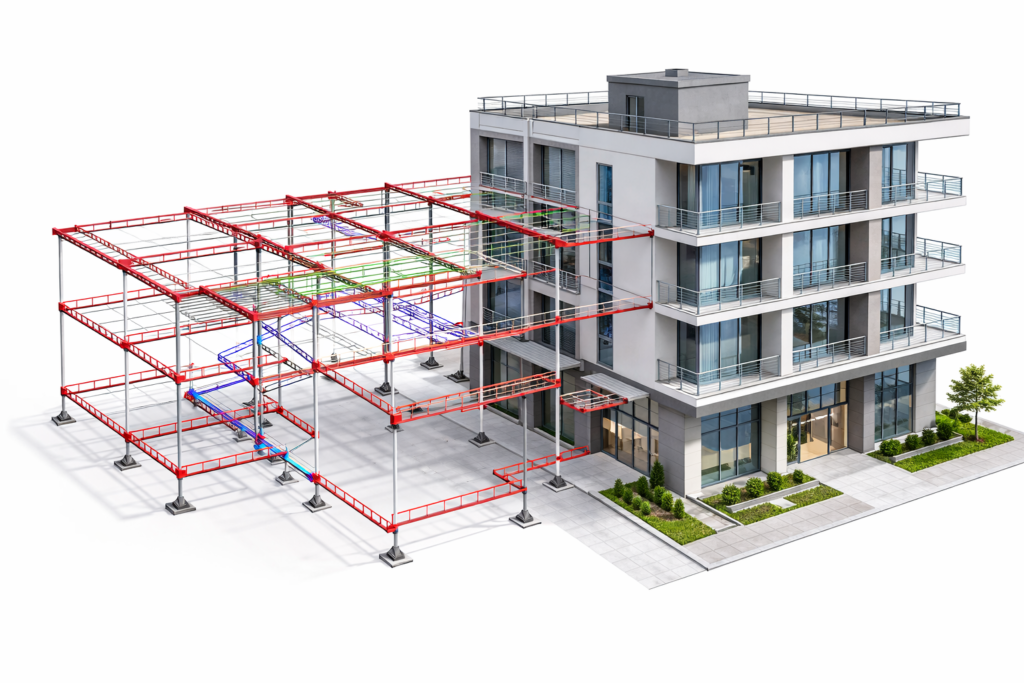 estrutura em construção e edifício finalizado